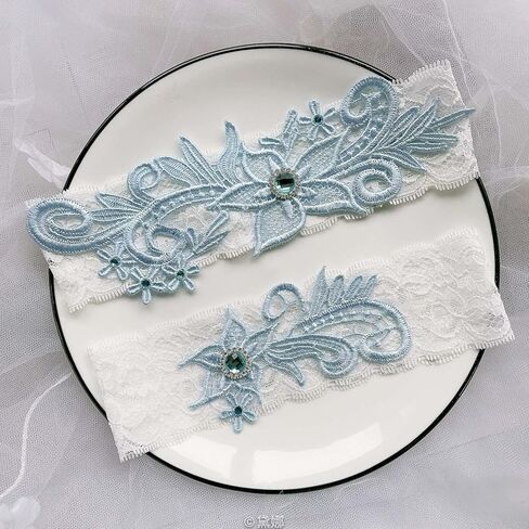 JWICOS Wedding Garters for Bride Bridal Lace Garter Set with Blue Rhainstone Crystal for Bride Women in Kuwait