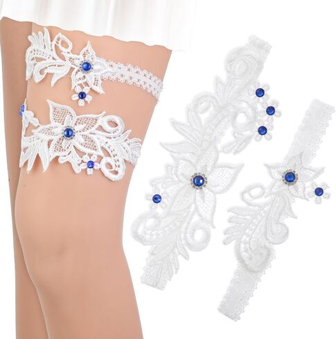 2Pcs White Wedding Garters for Bride, Floral Lace Leg Ring Stretch Bridal Wedding Garter Belt with Blue Crystals in Saudi Arabia