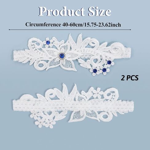 2Pcs White Wedding Garters for Bride, Floral Lace Leg Ring Stretch Bridal Wedding Garter Belt with Blue Crystals in Saudi Arabia