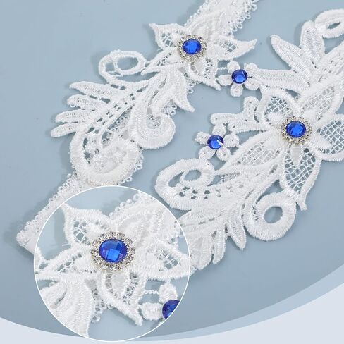 2Pcs White Wedding Garters for Bride, Floral Lace Leg Ring Stretch Bridal Wedding Garter Belt with Blue Crystals in Saudi Arabia