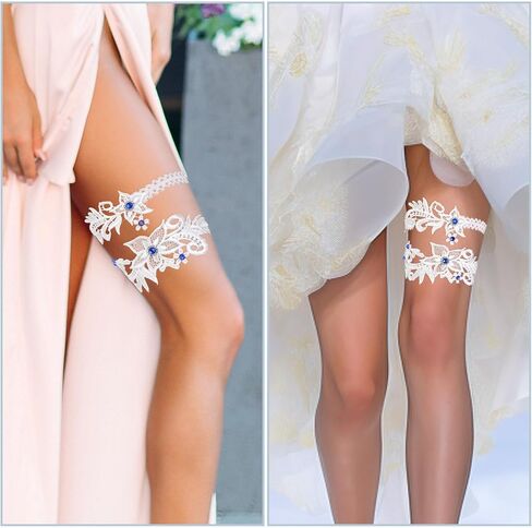 2Pcs White Wedding Garters for Bride, Floral Lace Leg Ring Stretch Bridal Wedding Garter Belt with Blue Crystals in Saudi Arabia
