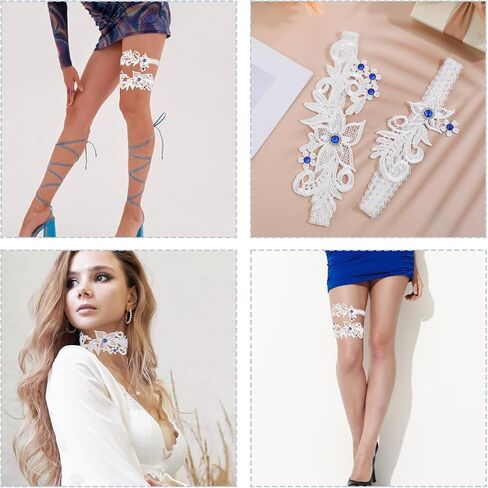 2Pcs White Wedding Garters for Bride, Floral Lace Leg Ring Stretch Bridal Wedding Garter Belt with Blue Crystals in Saudi Arabia