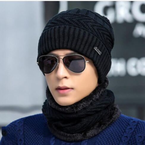 2pieces Mens Winter Beanie Hat Scarf Set Thick Fleece Lined Skull Cap Warm Knit Winter Hats Neck Warmer for Men & Women (black) in Saudi Arabia