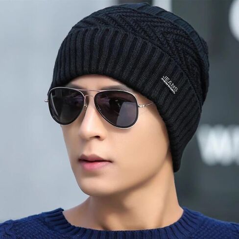 2pieces Mens Winter Beanie Hat Scarf Set Thick Fleece Lined Skull Cap Warm Knit Winter Hats Neck Warmer for Men & Women (black) in Saudi Arabia