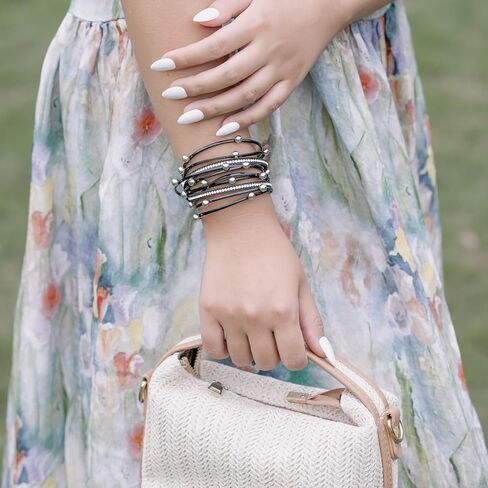 FANCY SHINY Leather Beaded Bracelet Boho Wrap Bracelets Gothic Jewelry Stackable Goth Bracelets with Magnetic Clasp in Kuwait