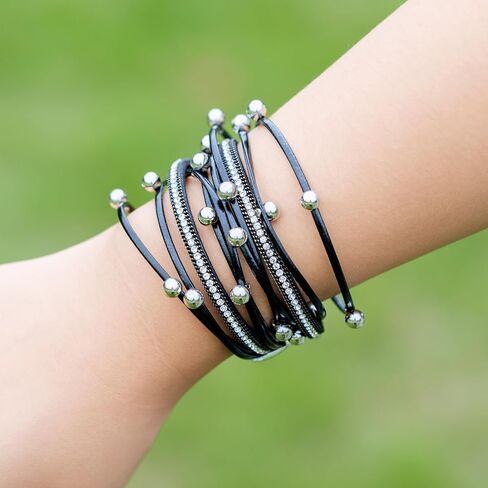 FANCY SHINY Leather Beaded Bracelet Boho Wrap Bracelets Gothic Jewelry Stackable Goth Bracelets with Magnetic Clasp in Kuwait