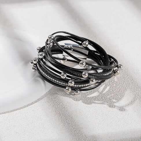 FANCY SHINY Leather Beaded Bracelet Boho Wrap Bracelets Gothic Jewelry Stackable Goth Bracelets with Magnetic Clasp in Kuwait