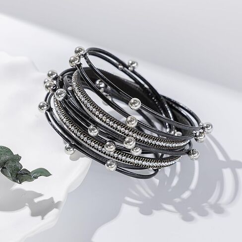 FANCY SHINY Leather Beaded Bracelet Boho Wrap Bracelets Gothic Jewelry Stackable Goth Bracelets with Magnetic Clasp in Kuwait