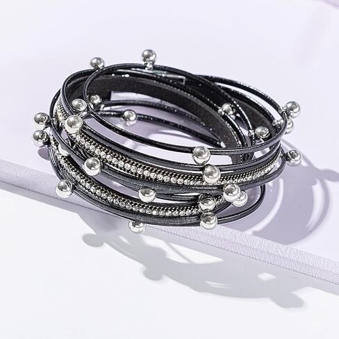 FANCY SHINY Leather Beaded Bracelet Boho Wrap Bracelets Gothic Jewelry Stackable Goth Bracelets with Magnetic Clasp in Kuwait