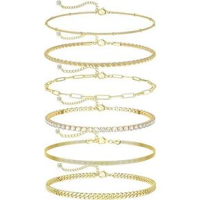 Bella's Waterproof Gold Ankle Bracelets for Women - 6Pcs 14K Gold Plated Anklets Layered Cuban Link Chain Herringbone Cute Anklets Set Pack Summer Beach Jewelry Gift for Women Teen