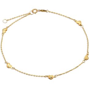 10K Yellow Gold .50mm Diamond Cut Rolo Chain with 5 Diamond Cut Heart pendants Anklet Adjustable 9" to 10" (#18)
