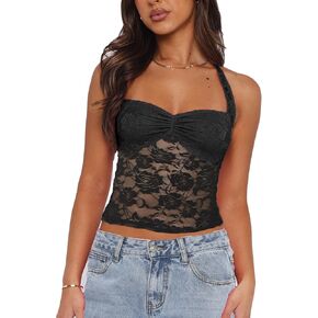 Women Y2k Lace Halter Neck Crop Tops Sexy See Through Going Out Tops Cute Backless Sheer Tank Mesh Cami Shirt