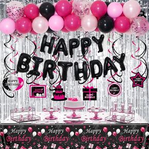 Black and Silver Happy Birthday Party Decorations for Men Women Boys Girls Him Her with 94pcs Black White Silver Balloons Black Happy Birthday Banner Foil Balloons Fringe Curtains Crown Beer Balloons