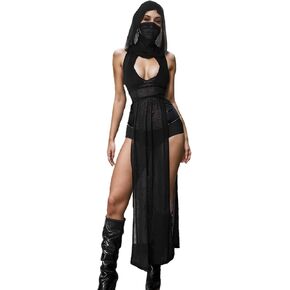 Women Goth Sheer Dress, Mock Neck Sleeveless Rave High Slit Dress with Hooded, EDM Music Festival Outfits