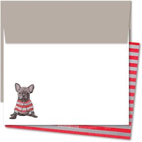 Koko Paper Co French Bull Dog Blank Notecards | 25 Flat Note Cards with 25 Envelopes | Printed on Heavy Card Stock