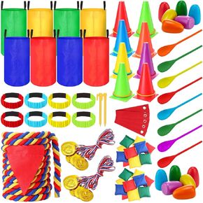 Wettarn 70 Pcs Carnival Outdoor Games Potato Sack Race Bags for Teens Adult Egg Spoon Bean Bags Ring Toss 3 Legged Relay Race Tug of War Rope Backyard Game for Birthday Party Field Day Family