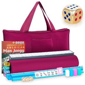 New American Mahjong Game Set, 166 Premium White Tiles with Portable Metal Dices, 4 All-in-One Racks with Pushers, Mah-Jong Games Sets, Ma Jong Tile Game (Red)