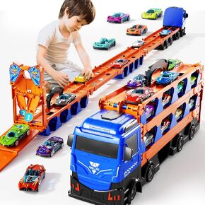 Carrier Truck Race Track Boys Toys, 78-Inch Toy Truck Transport Car Race Track & 12 Die-Cast Metal Toy Cars, Toddler Truck Car Toys Track Set Gifts for Age 3 4 5 6+ Years Old Kids Boys Girls