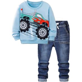 Boys Pullover Hoodie and Denim Jeans Outfits Set - Monster Trucks Sweatshirt and Jeans Pants for Kids 3-10 Years