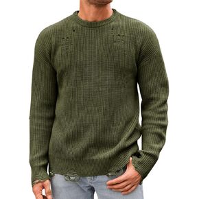 Runcati Mens Crewneck Sweater Pullover Knitted Long Sleeve Casual Ripped Sweaters