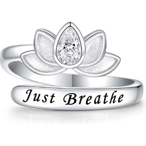Lotus Just Breathe Rings for Women: S925 Sterling Silver Inspirational Ring Adjustable Personality Hope Encourage Gift Jewelry for Mother Daughter Friends