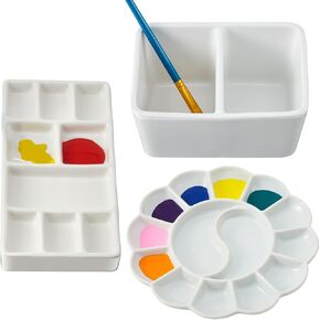 Skyygemm Set of 3 Ceramic Paint Watercolor Palette Includes Artist Spa Paint Palette Tray Round Porcelain Paint Brush Wash Bowl Water Container for Watercolor Gouache Painting, White