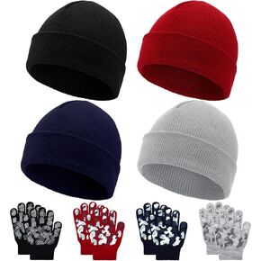 8 Pcs Kids Beanie Hats and Gloves Knitted Beanies Hat Warm Stretch Gripper Gloves Baby Winter Hats for Boys Girls