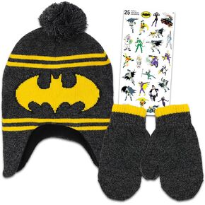 Batman Winter Hat and Mittens Set - Bundle with Batman Knit Beanie and Mittens for Cold Weather Plus Stickers | Batman Winter Gear Gifts for Boys, Girls, Kids