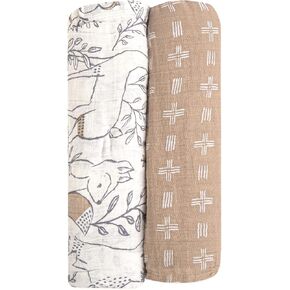 Crane Baby Soft Muslin Swaddle, Soft Swaddle Wraps for Boys and Girls, Beige and Woodland Animal, 2 Count, 47" x 47"