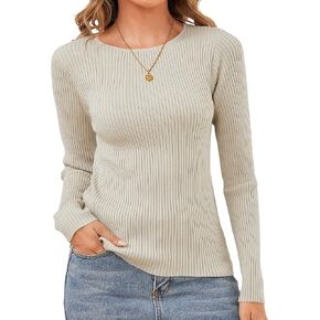 Womens Sweaters Pullover Long Sleeve Crewneck Shirts Ribbed Knit Sweater Slim Fitted Casual Jumper Tops