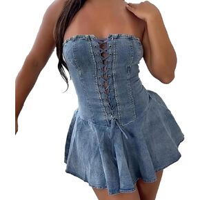 Sexy Tube Denim Dress Corset Strapless Ruffled Hem Jean Mini Dress