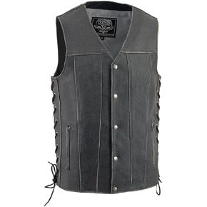 Milwaukee Leather MLM3521 Men's Distress Grey Leather Vest - V-Neck Straight Bottom Side Lace Motorcycle Rider Vest