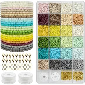 3mm Glass Seed Beads Kit for Bracelets, 10000pcs 24 Colors Seed Beads for Jewelry Making, Seed Bead Kit with 2 Rolls of Cord for Girls