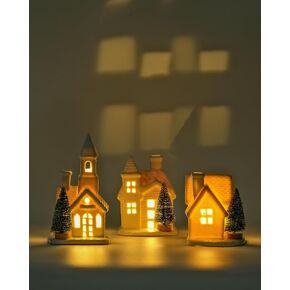 DN DECONATION Light up Christmas Ceramic Village Houses White Christmas Porcelain Village with Frosted Bottle Brush Xmas Trees Holiday House Figurine for Winter Table Decoration 3Pcs
