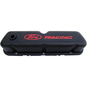 Ford Valve Cover, Stock Height, Baffled, Breather Hole, Ford Racing Logo, Steel, Black Crinkle
