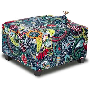 Large Ottoman Cover Square Slipcovers Printed,Stretch Footrest Stool Cover for Ottoman Square,Soft Foot Stool Cover Protector with Nonslip Elastic Bottom (Large,Navy&Green)