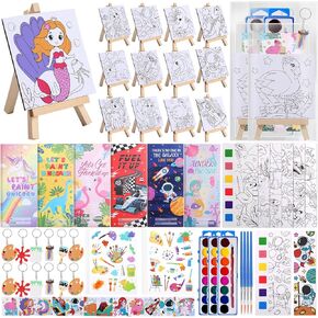198Pcs Paint Party Favors Painting Kits for Kids Mini Predrawn Canvas Panel and Wooden Easel Set,Watercolor Paint Coloring Books Gift Cards Keychain for Kids Student Art Classroom Party Supplies