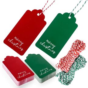 100Pcs Merry Christmas Paper Gift Tags Xmas Red Green Hanging Labels with Hemp Rope for Holiday Name Tags Present DIY Crafts, Double-Sided