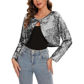 MINTLIMIT Women's Sequin Shrug Long Sleeve Open Front Cropped Bolero Cardigan Shiny Glitter Crop Blazer Jacket with Hook