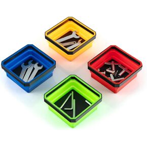 Goplus Magnetic Foldable Tray, 4 Pack Collapsible Silicone Parts Bowls for Small Parts,Screws,Bolts,Nuts,Pins, Magnetic Tool Tray Set for Mechanics Garage Home, Yellow,Red,Blue,Green, 4.5 Inch Square