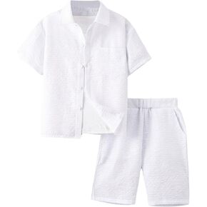 Boy's 2 Piece Textured Outfit Short Sleeve Button Down Shirt Top and Shorts Set