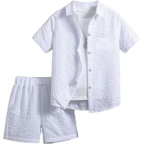 Boy's 2 Piece Outfits Textured Short Sleeve Button Down Shirt and Shorts Clothing Set