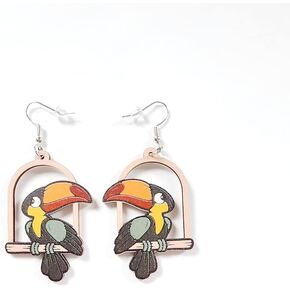 Cute Bird Cage Dangle Drop Earrings for Women Teen Girls Wooden Toucan Parrot Animal Dangling Hook Hoops Earring Fashion Jewelry Gifts