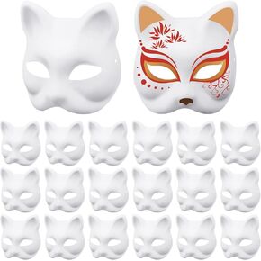 Honoson 20 Pcs Cat Masks Therian Masks White Blank Cat Mask for Party Paint DIY Masquerade Mask for Halloween Cosplay