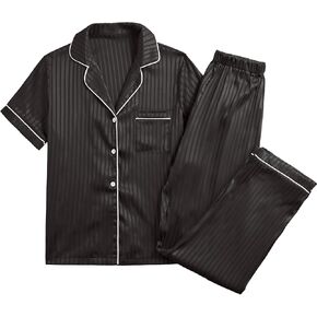 Vrtige Women's Satin Striped Pajama Set Short Sleeve Top with Pants Loungwear PJs Set