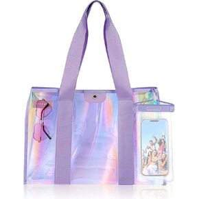 26L Extra Large Iridescent Beach Bag Set- Purple Beach Tote Bag with Snap - Perfect Beach Essentials for Family (1, Purple)