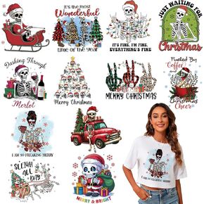 12 Sheets Christmas Iron on Transfers for T-Shirts, DTF Transfers Ready to Press Heat Transfer Vinyl, Christmas Iron on Decals Iron on Patches, Vinyl Stickers for Clothes Bag Pillow Christmas Crafts