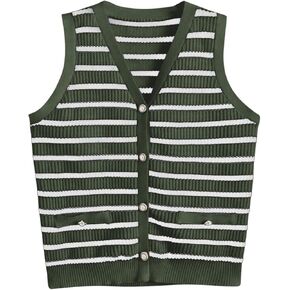 Verdusa Women's Sweater Vest Old Money Trendy Tops Striped Print Button Front Sleeveless Knit Sweaters