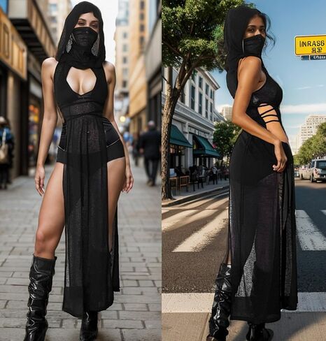 Women Goth Sheer Dress, Mock Neck Sleeveless Rave High Slit Dress with Hooded, EDM Music Festival Outfits in Saudi Arabia