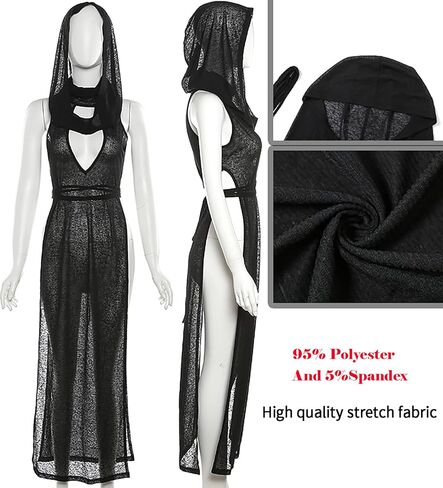 Women Goth Sheer Dress, Mock Neck Sleeveless Rave High Slit Dress with Hooded, EDM Music Festival Outfits in Saudi Arabia
